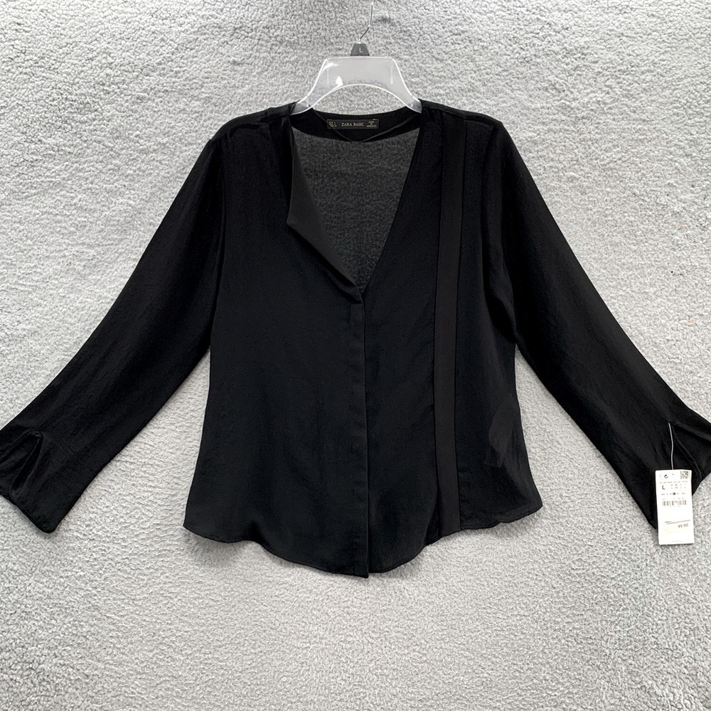 Zara Basic Women Black Semi Sheer Long Sleeves Hid Button Career Top Blouse L